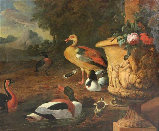 Wilhem Frederik van Royen (1645-1723) Ducks and chicks beside an urn, landscape beyond 38 x 46in., tortoiseshell framed